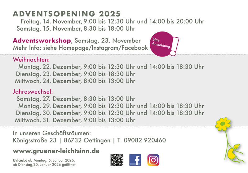 Öffnungszeiten vor dem Jahreswechsel 2025 bei Grüner leicht SINN in Oettingen